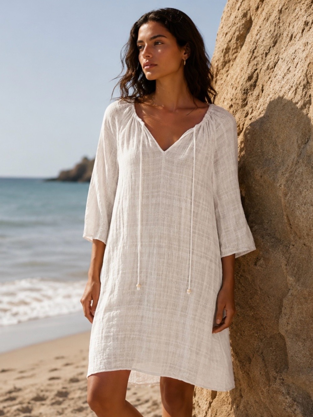 ANTHROPOLOGIE Mermaid Coastland White Beach Cover-Up Cotton Dress Size Large